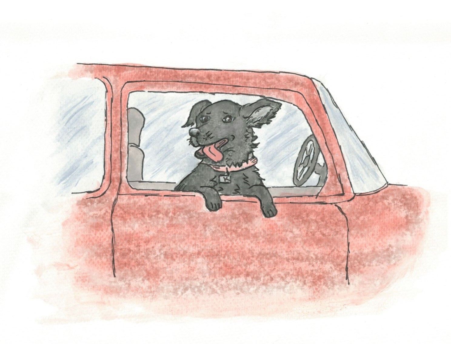 Kitty sits in a red work truck in the Kitty Goes to Work chapter in the adventure-filled storybook Tales of a Dog Named Kitty