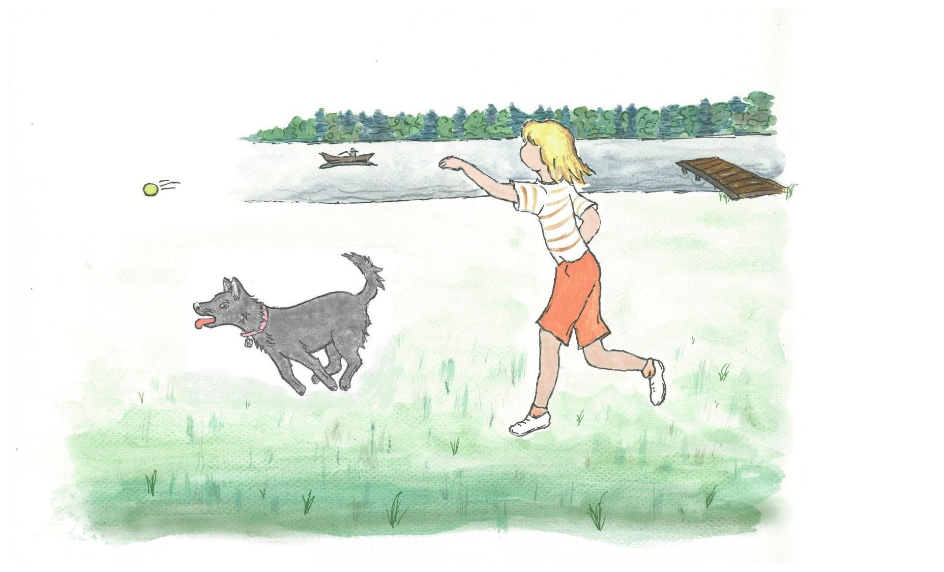 Kitty plays fetch with Ali, featured in the Kitty Learns to Swim chapter in the fun-filled book Tales of a Dog Named Kitty