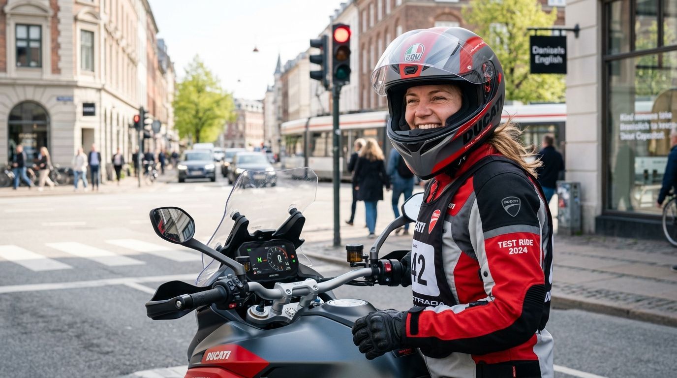 Motociclista com uniforme vermelho e preto, sorrindo em um cruzamento de rua, com capacete e a moto ao lado.