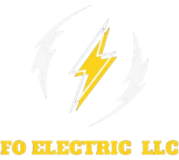 A yellow lightning bolt centered between two white lightning bolt silhouettes above the text "FO ELECTRIC LLC" in yellow.