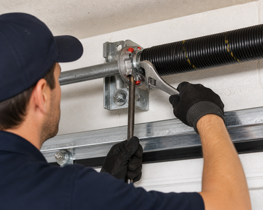 Technician adjusting garage door spring mechanism with tools near the ceiling