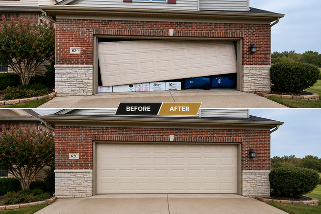 Garage door before-and-after: bent white door replaced with a closed beige garage door