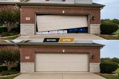 Garage door before-and-after: bent white door replaced with a closed beige garage door