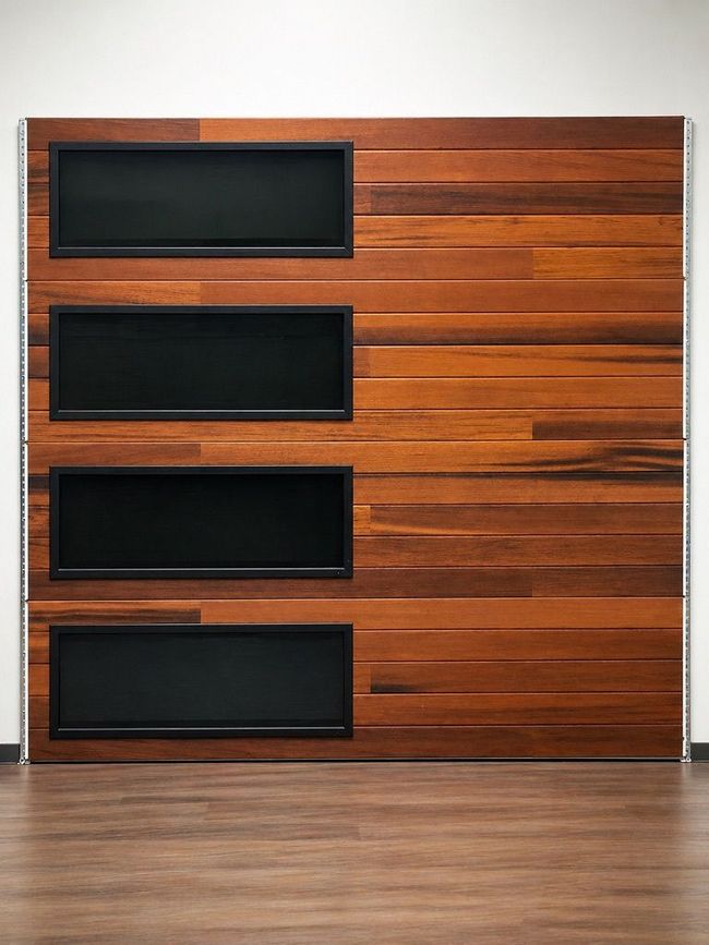Wood-paneled wall with four black rectangular inset panels above a wood floor