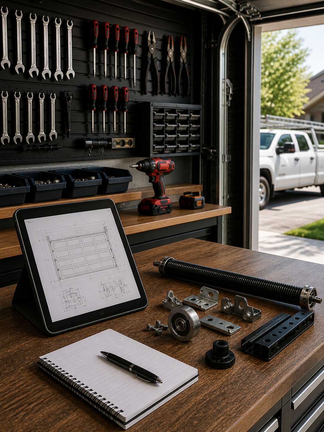Mobile tool chest with hand tools, clipboard, and notebook on a workbench, open to a driveway.