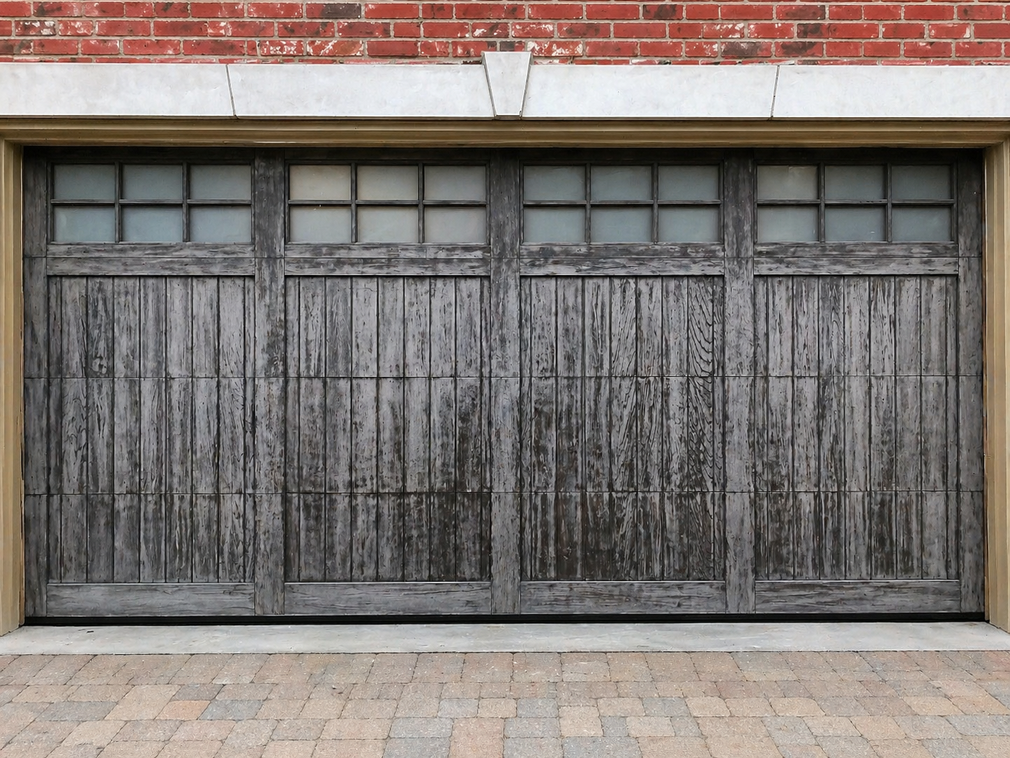 Weathered gray wooden garage doors beneath a red brick wall and small windows.