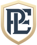 Gold shield logo with dark blue stylized letters P and E on a white background
