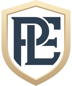 Gold shield logo with dark blue stylized letters P and E on a white background