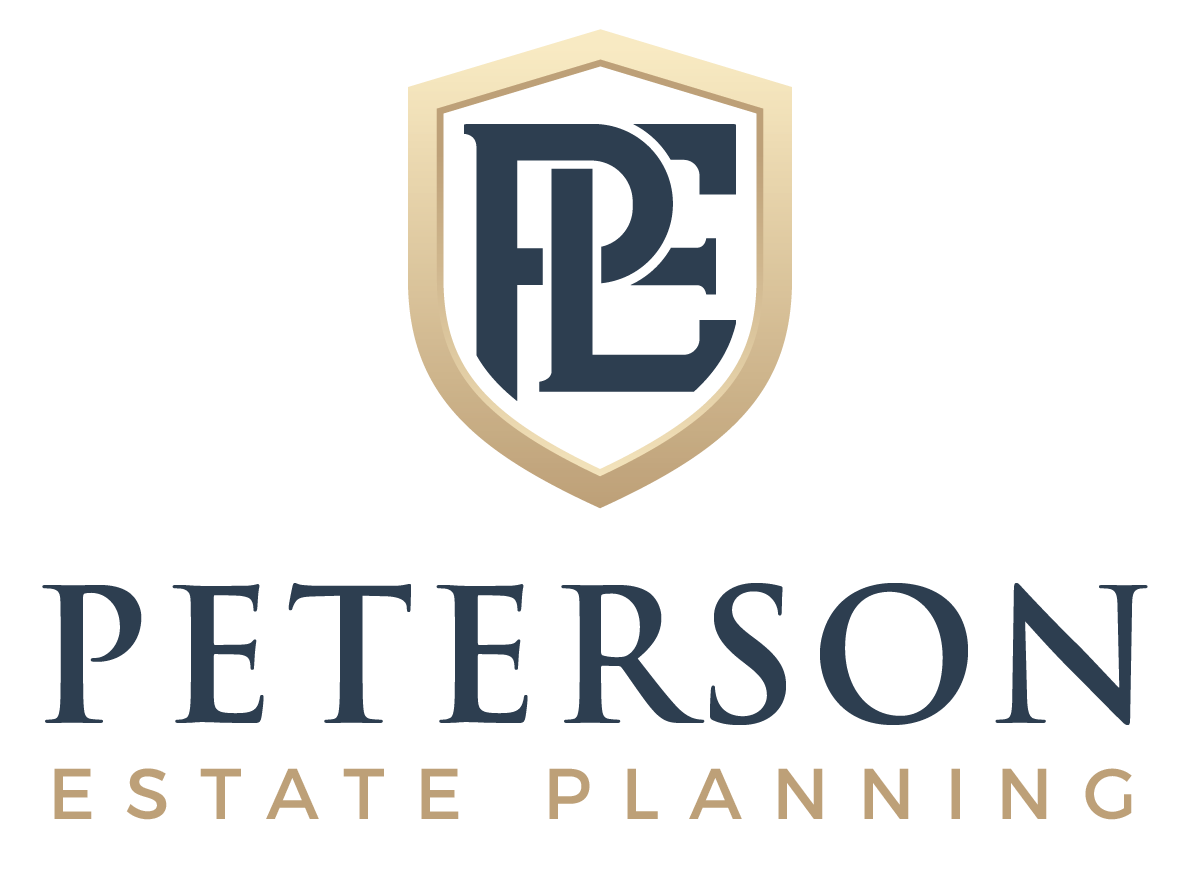 Peterson Estate Planning logo with gold shield and navy monogram on white background