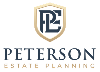 Peterson Estate Planning logo with gold shield and navy monogram on white background