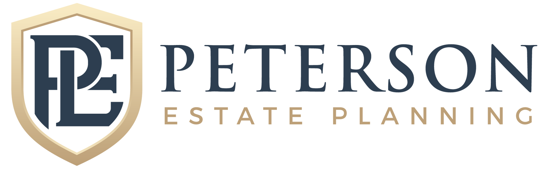 Peterson Estate Planning logo with navy and gold shield monogram and text on white background