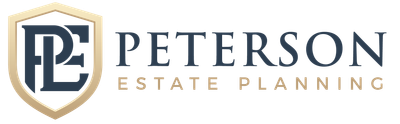 Peterson Estate Planning logo with navy and gold shield monogram and text on white background