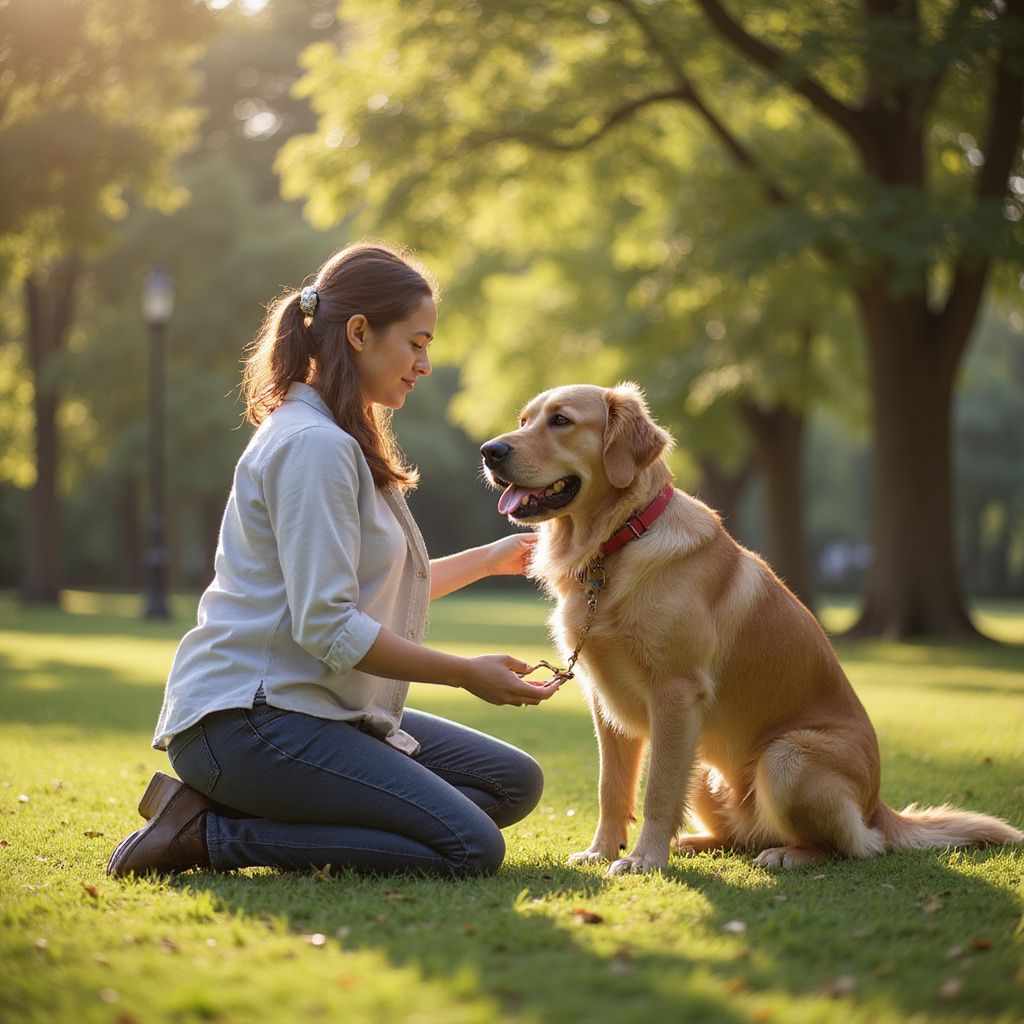 Woman kneeling, giving treat to golden retriever in sunny park.