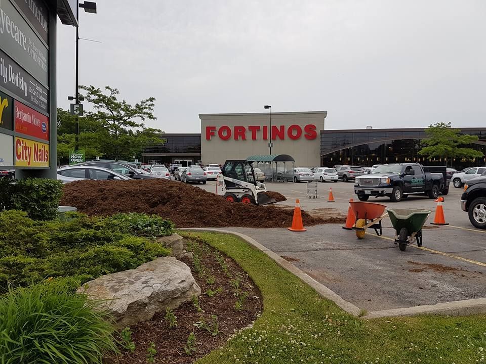 A large pile of dirt is in front of a fortino 's store.