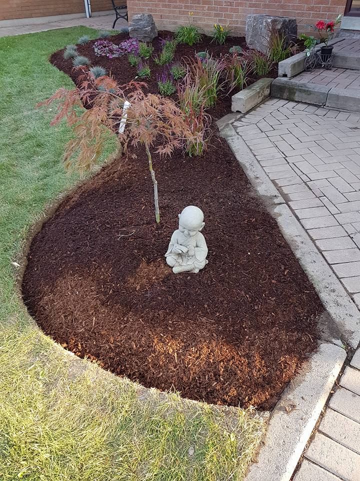 A flower bed with brown mulch, perennials, a small tree, and a seated Buddha statue in the center, adjacent to a walkway.