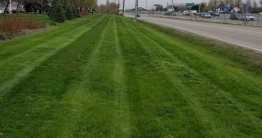 A lush green lawn is being mowed next to a highway.