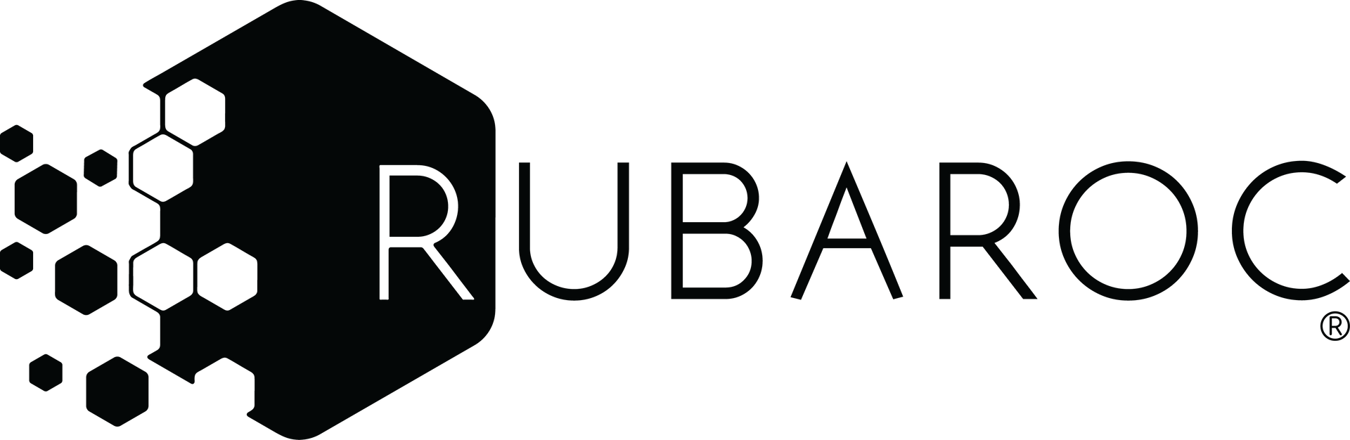 A black and white logo for rubaroc with a hexagonal shape