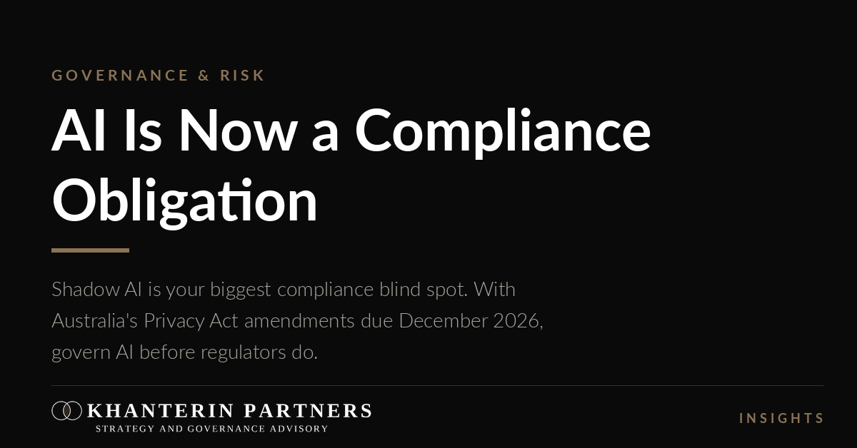 Title slide on black background: “The AI Governance Convergence” with white and gold text and a logo at bottom left
