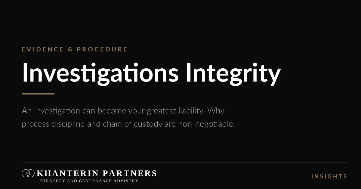 Dark slide titled “Investigations Integrity” with small subtitle text and a company logo at the bottom left.