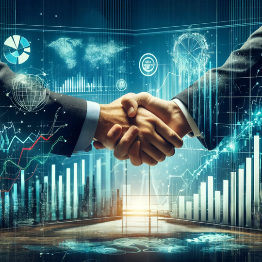 Empresarios estrechándose la mano sobre gráficos financieros y pantallas de datos brillantes.