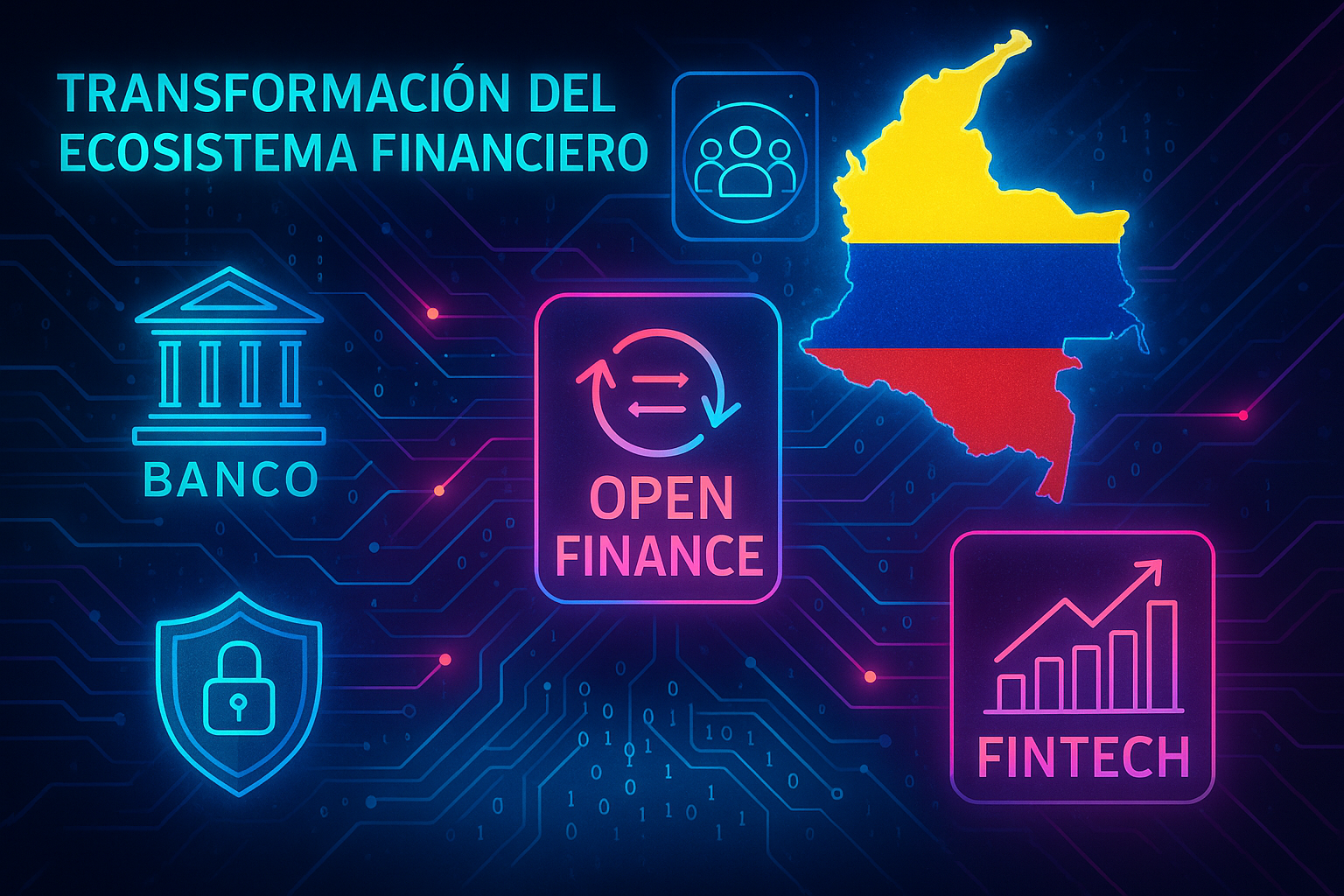 Infografía azul y neón sobre transformación del ecosistema financiero, con banco, open finance, fintech y mapa de Colombia.