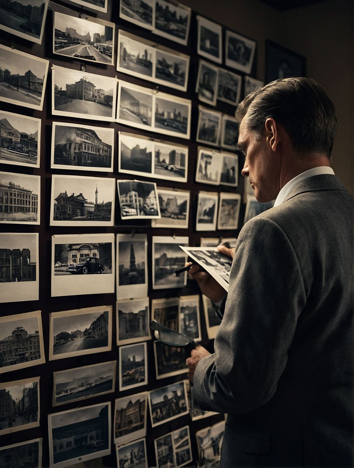 Un hombre examina una pared llena de fotografías antiguas, sosteniendo una copia en una habitación con poca luz que parece una galería.