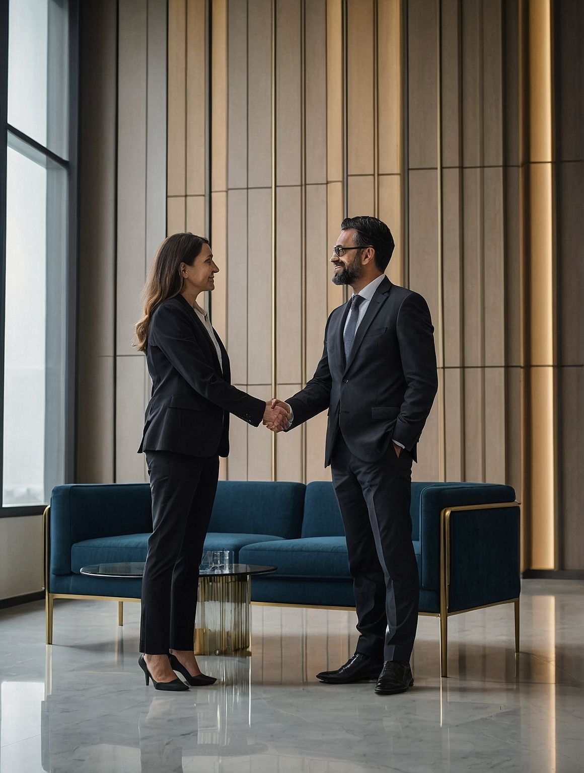 Dos profesionales de negocios dándose la mano en una moderna sala de estar de oficina con sillas azules y grandes ventanales.