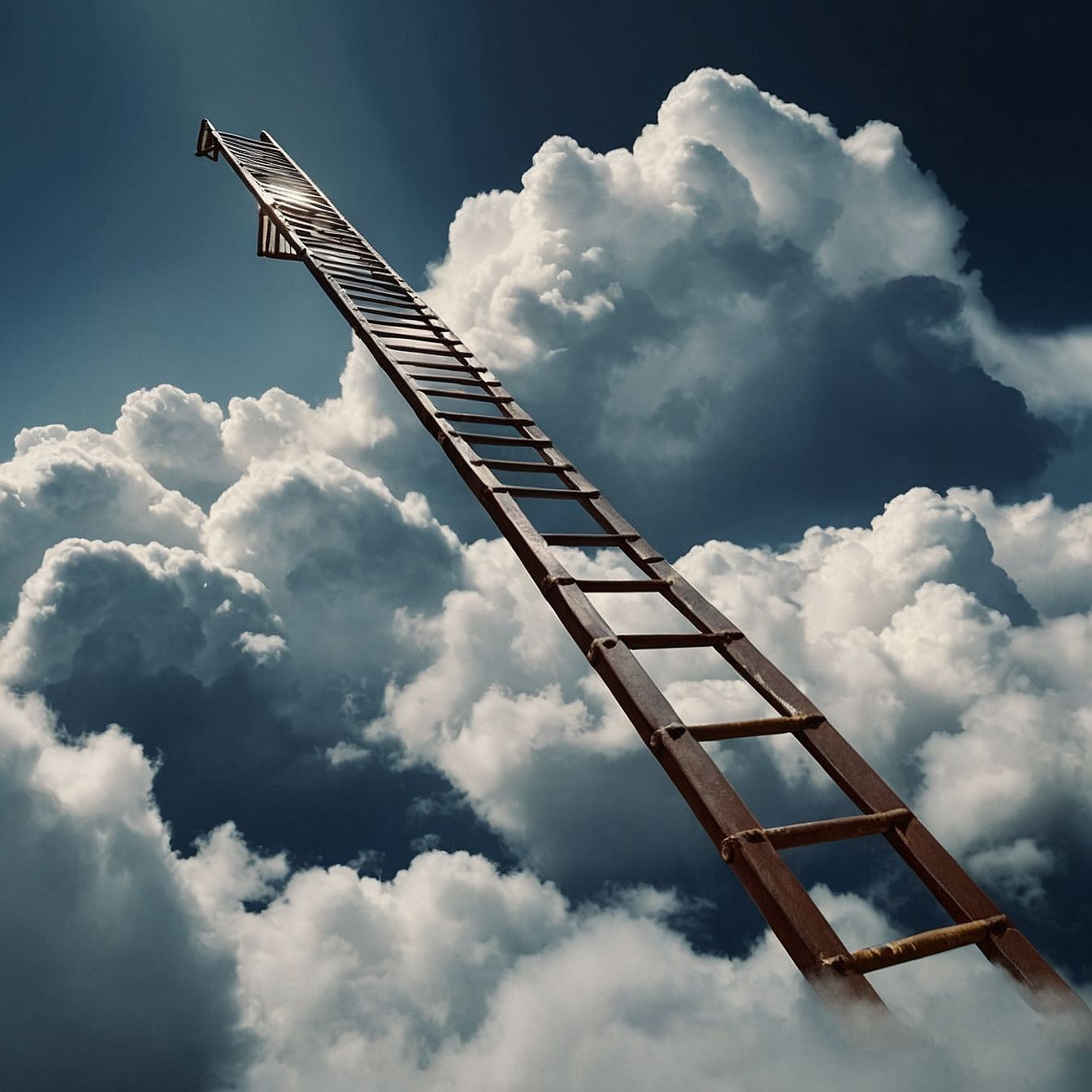 Una alta escalera de madera que se eleva entre nubes brillantes contra un cielo azul.