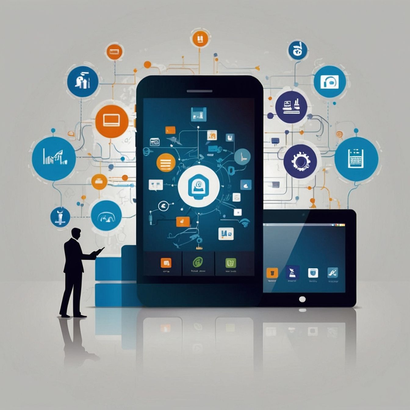 Persona que muestra un teléfono inteligente y una tableta con iconos de aplicaciones flotantes en una interfaz de red digital.