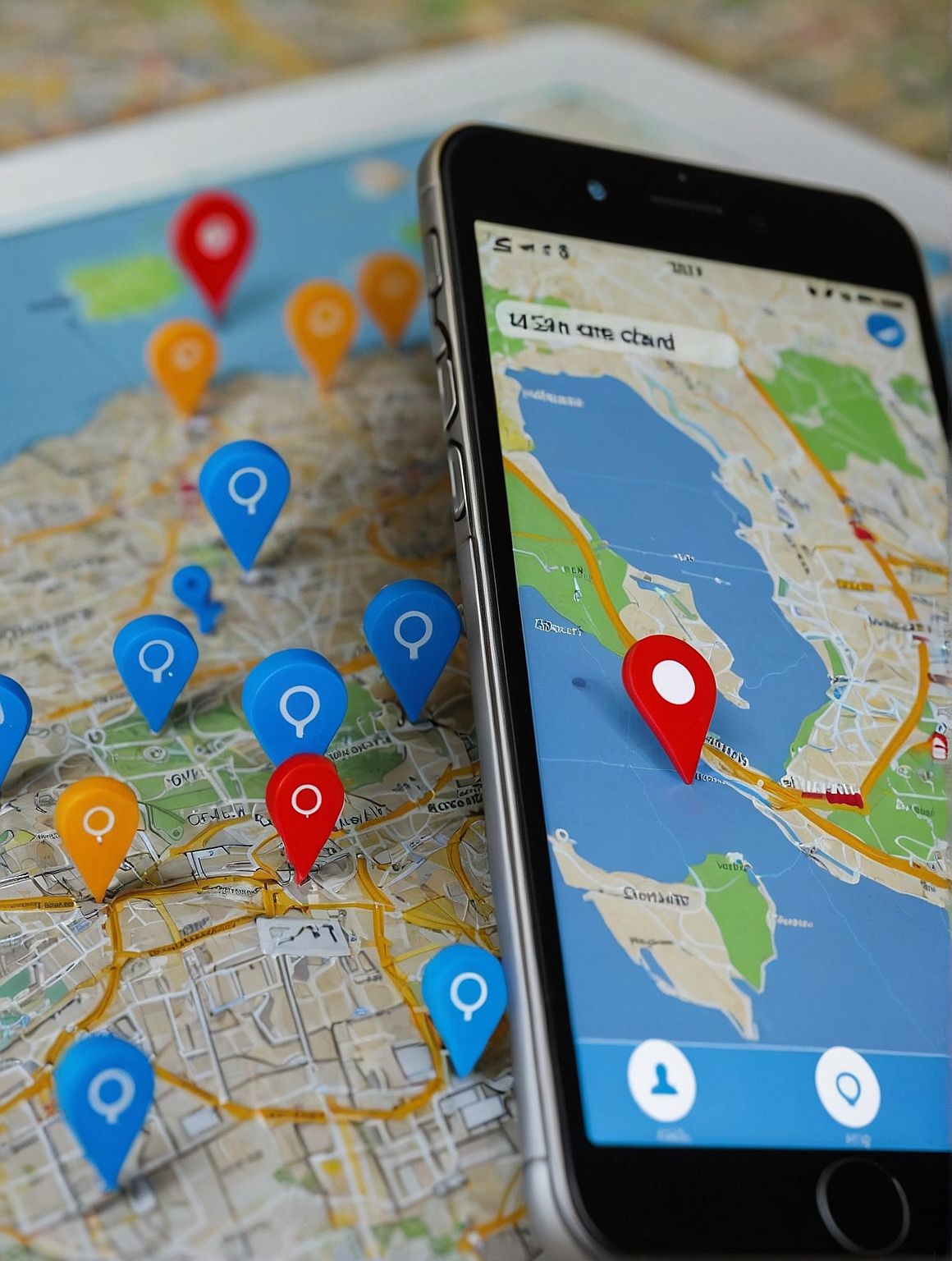 Smartphone que muestra un mapa con marcadores de ubicación y de ruta sobre un fondo de mapa de papel.
