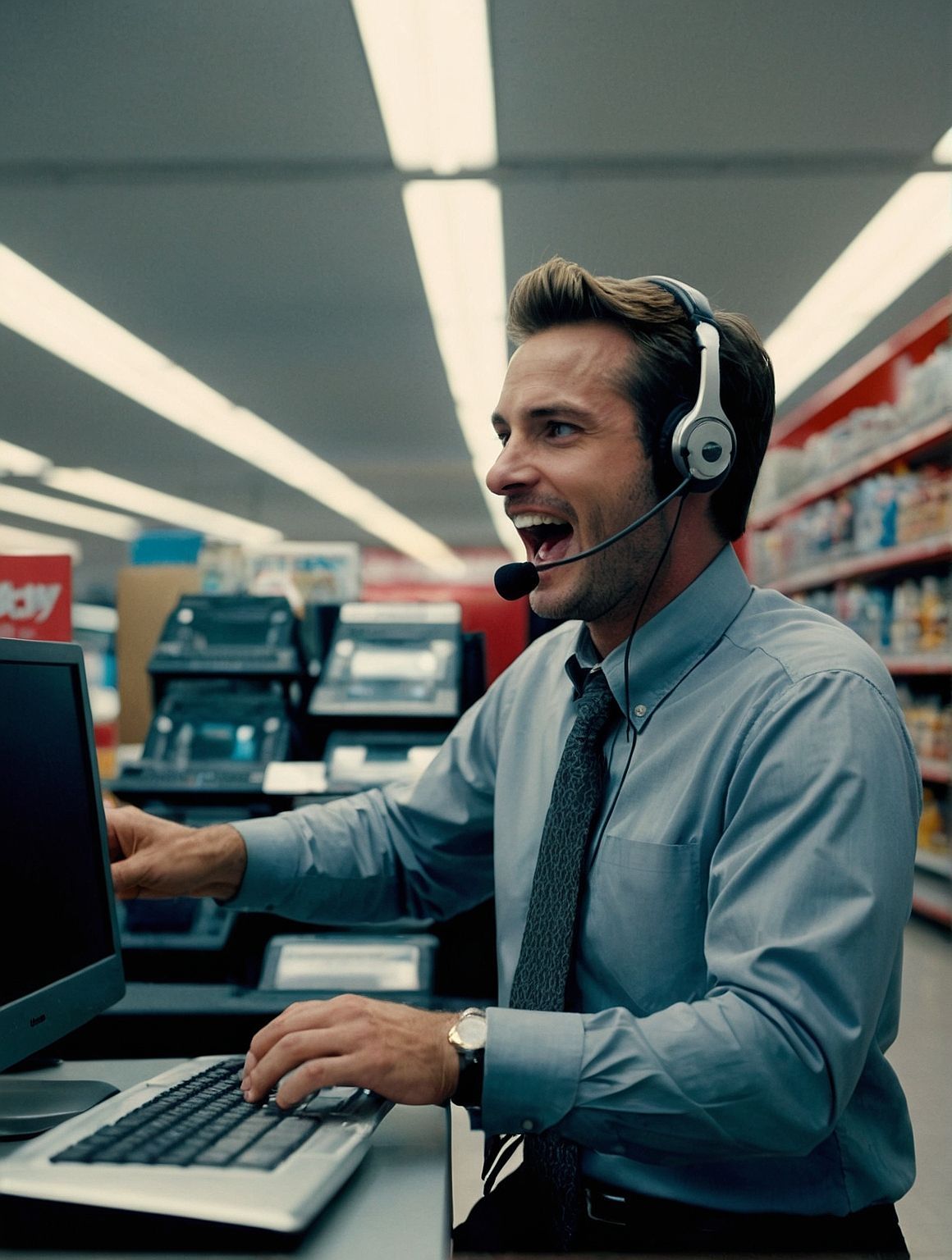 Un empleado de un centro de llamadas, sentado frente a una computadora en el pasillo de una tienda, lleva puestos unos auriculares y habla por el micrófono.