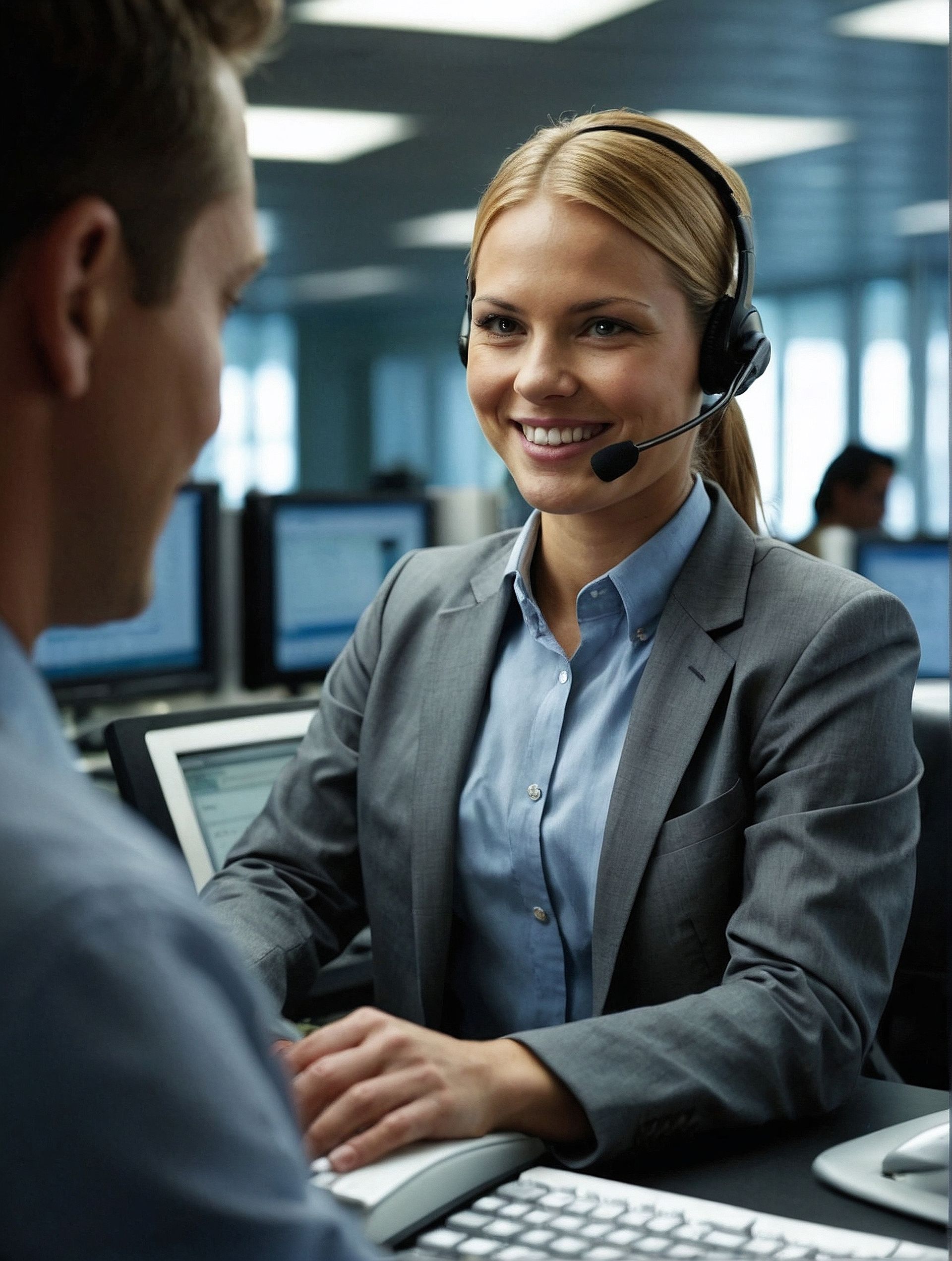 Un agente de atención al cliente, con auriculares puestos, sonríe al otro lado de un escritorio en una oficina moderna.