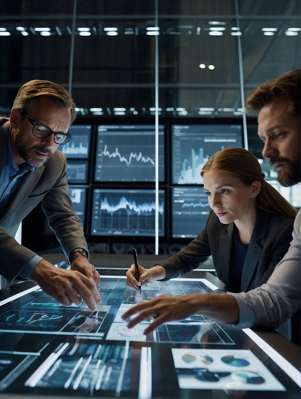 Tres compañeros de trabajo, en una oficina con paredes de cristal, revisan brillantes paneles de datos sobre una gran mesa.
