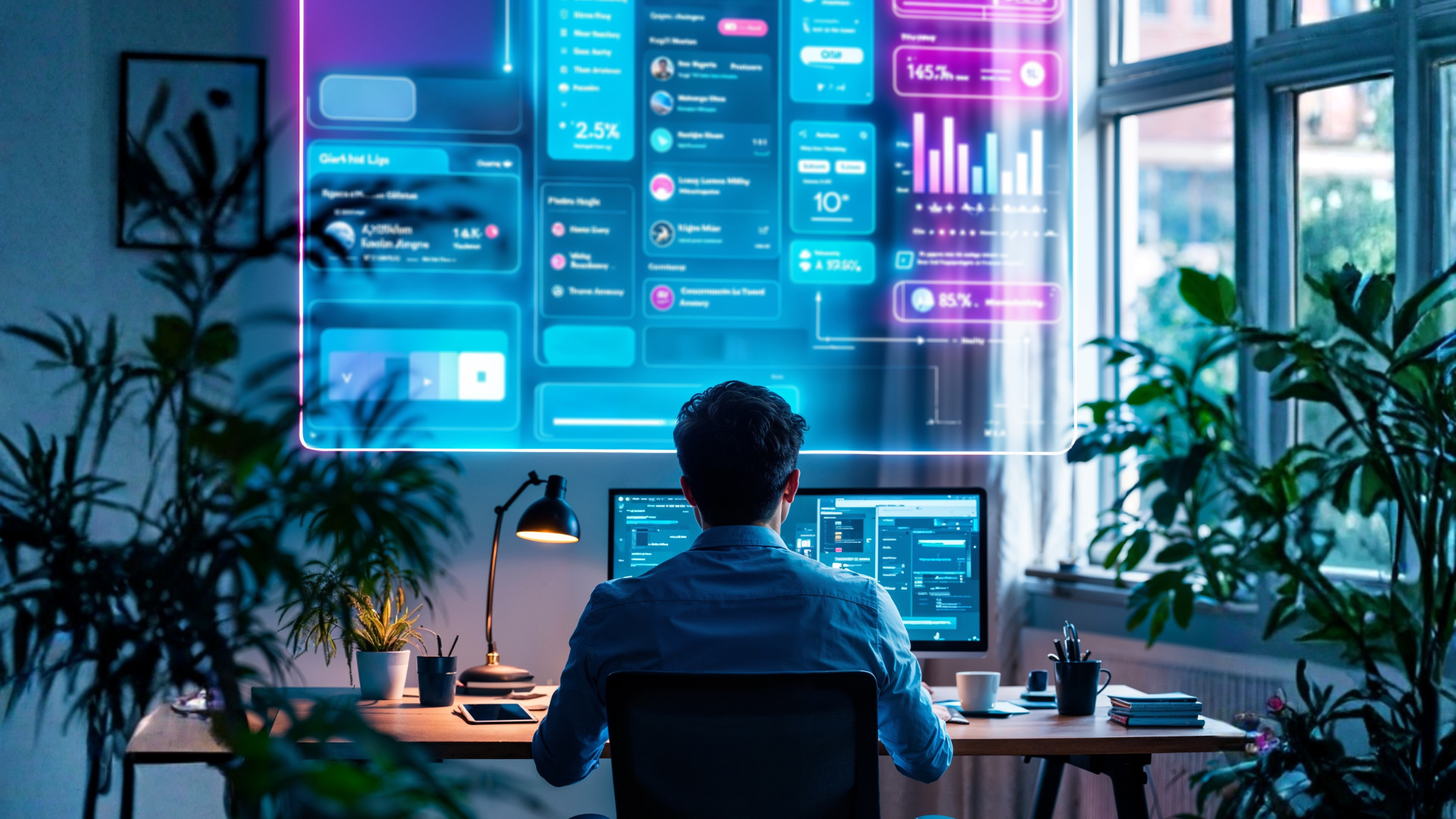 Persona sentada en un escritorio usando una computadora en una oficina en casa iluminada con luces de neón y con grandes paneles digitales en la pared.