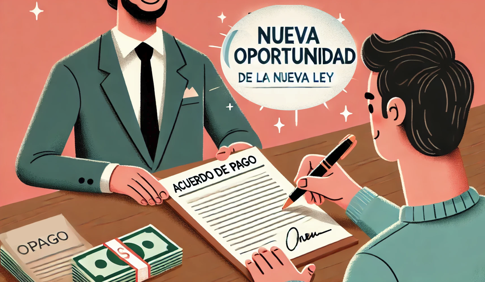 Man signing new contract across from banker; text says “Nueva oportunidad de la nueva ley”