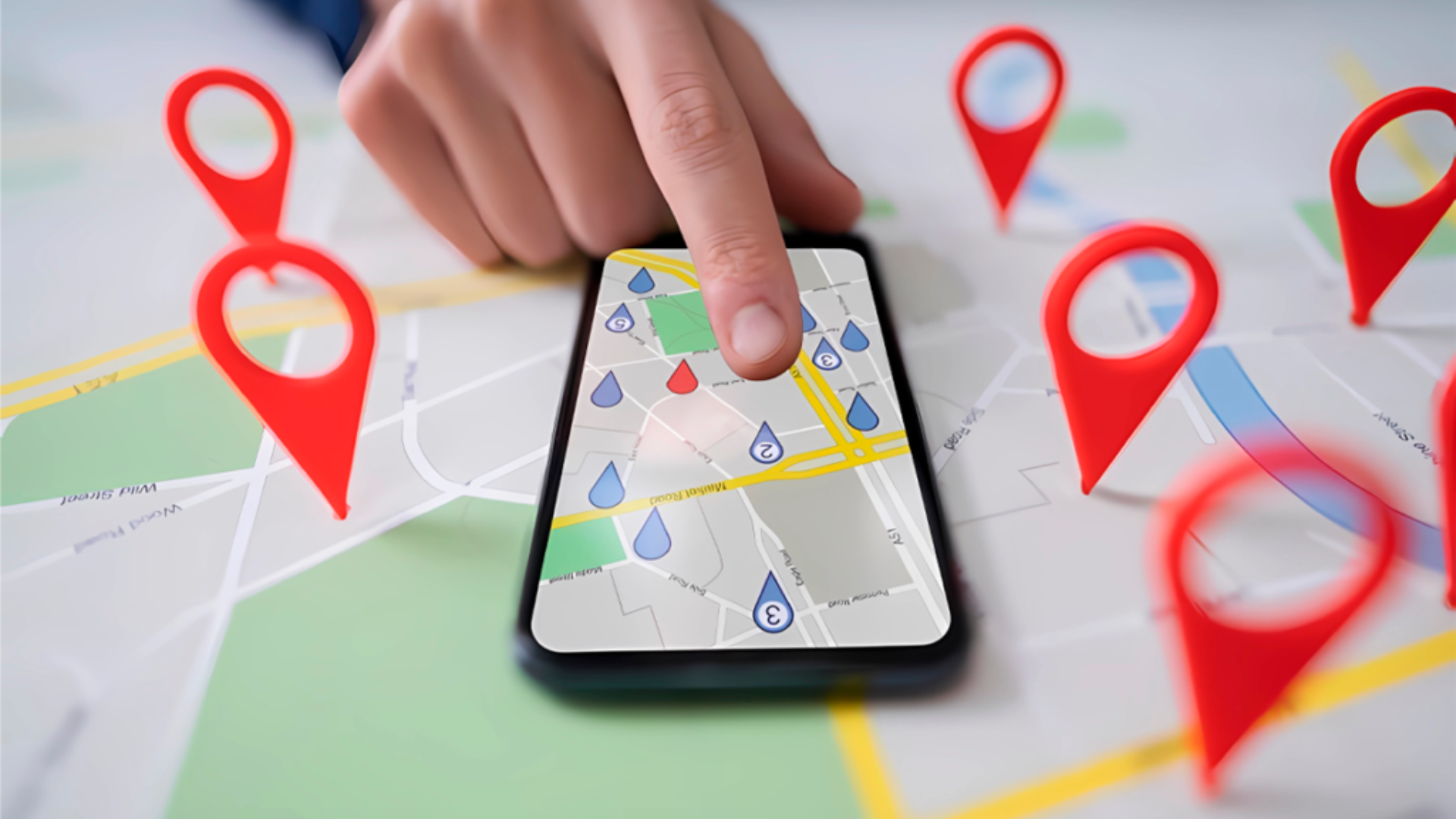 Tocando con el dedo un mapa de smartphone rodeado de marcadores de ubicación rojos sobre un fondo de mapa.