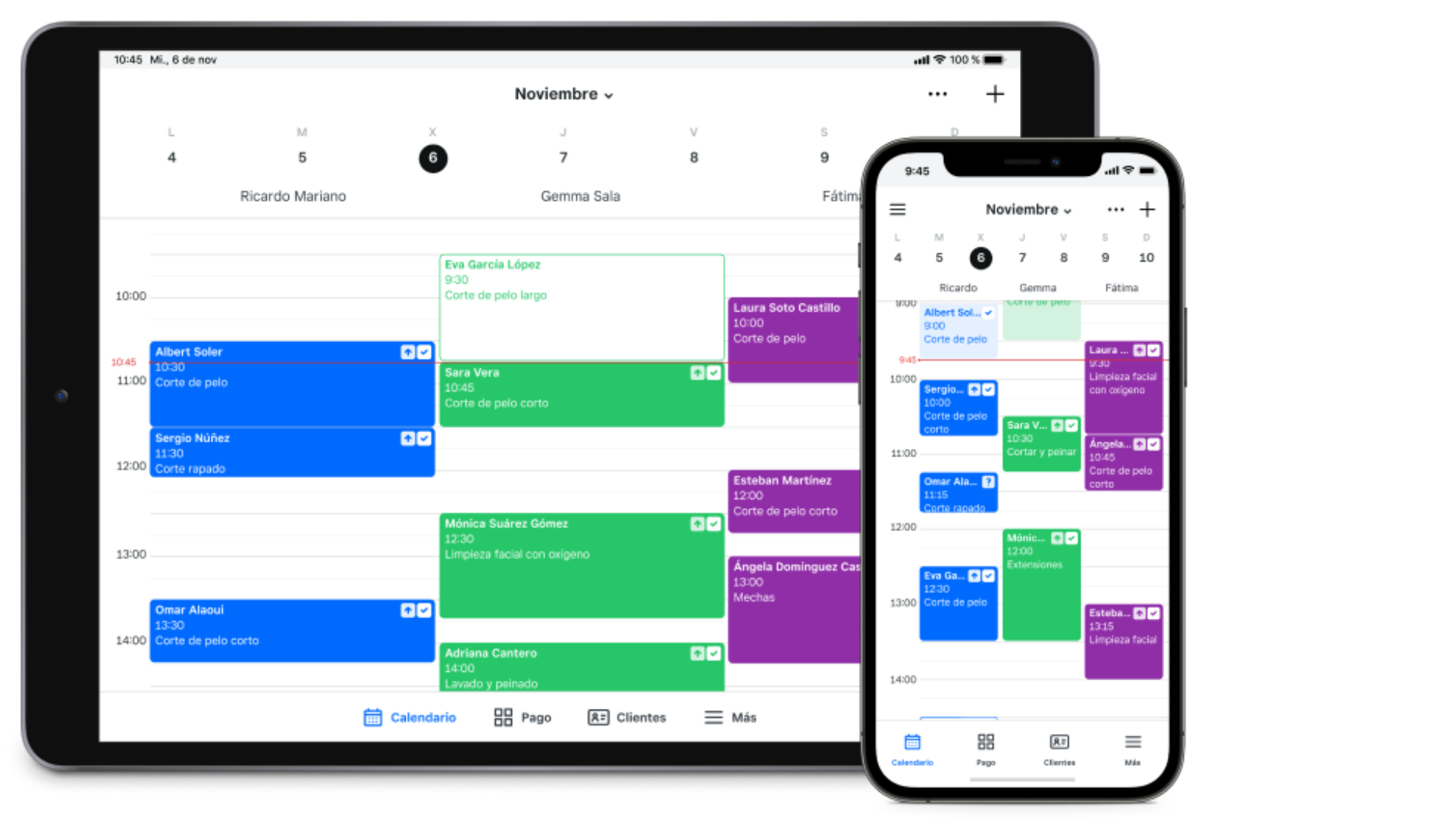 Tableta y teléfono que muestran un calendario con código de colores en bloques azules, verdes y morados.
