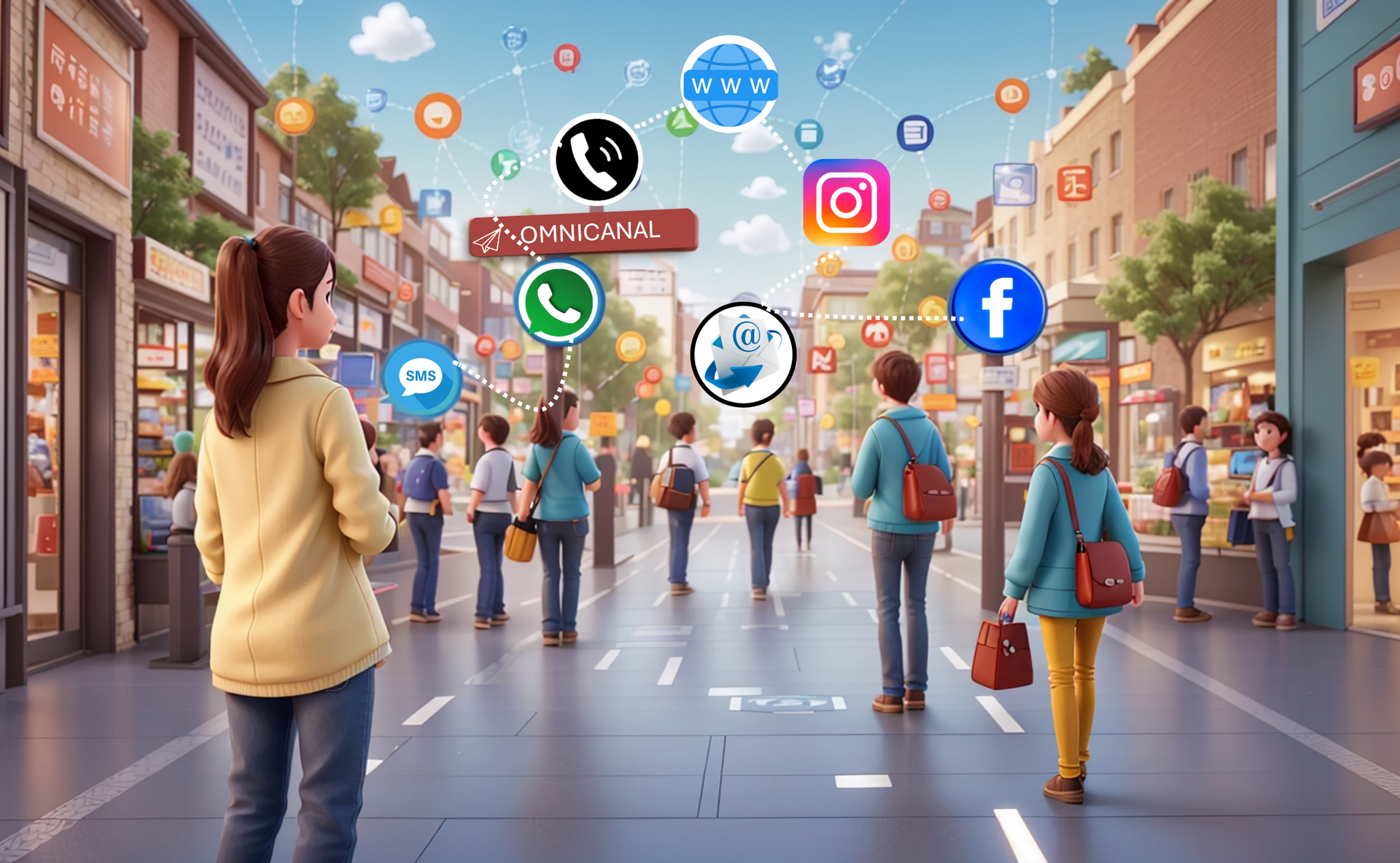 Gente caminando por una calle de la ciudad con iconos de aplicaciones de redes sociales flotando sobre sus cabezas.