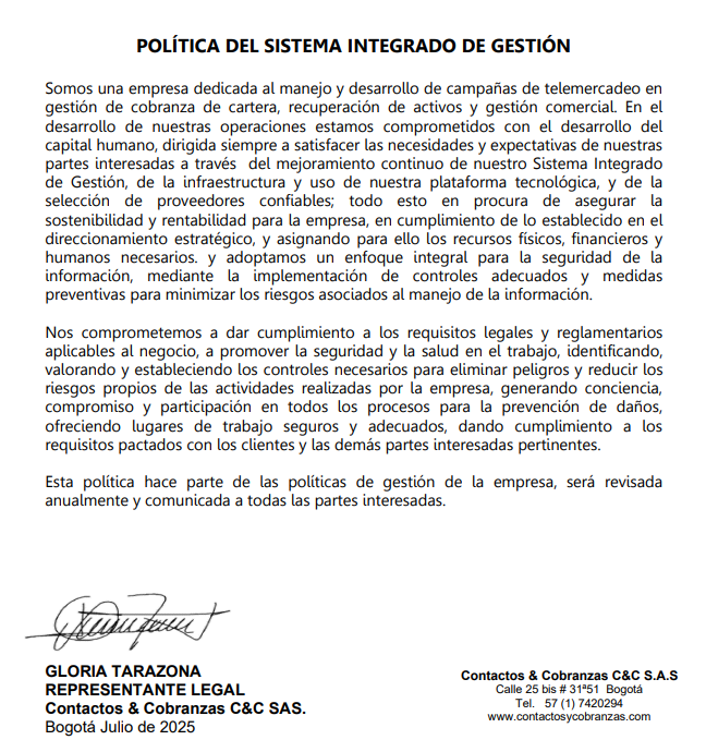 Documento en español sobre la política del sistema integrado de gestión, con firma y datos de contacto.