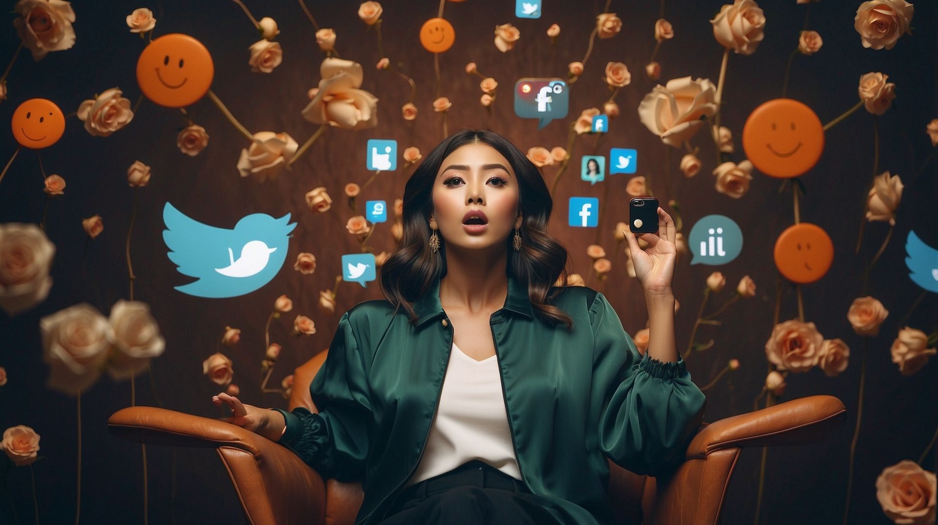 Mujer sentada entre iconos flotantes de redes sociales y orbes naranjas, con expresión de sorpresa en un estudio oscuro.