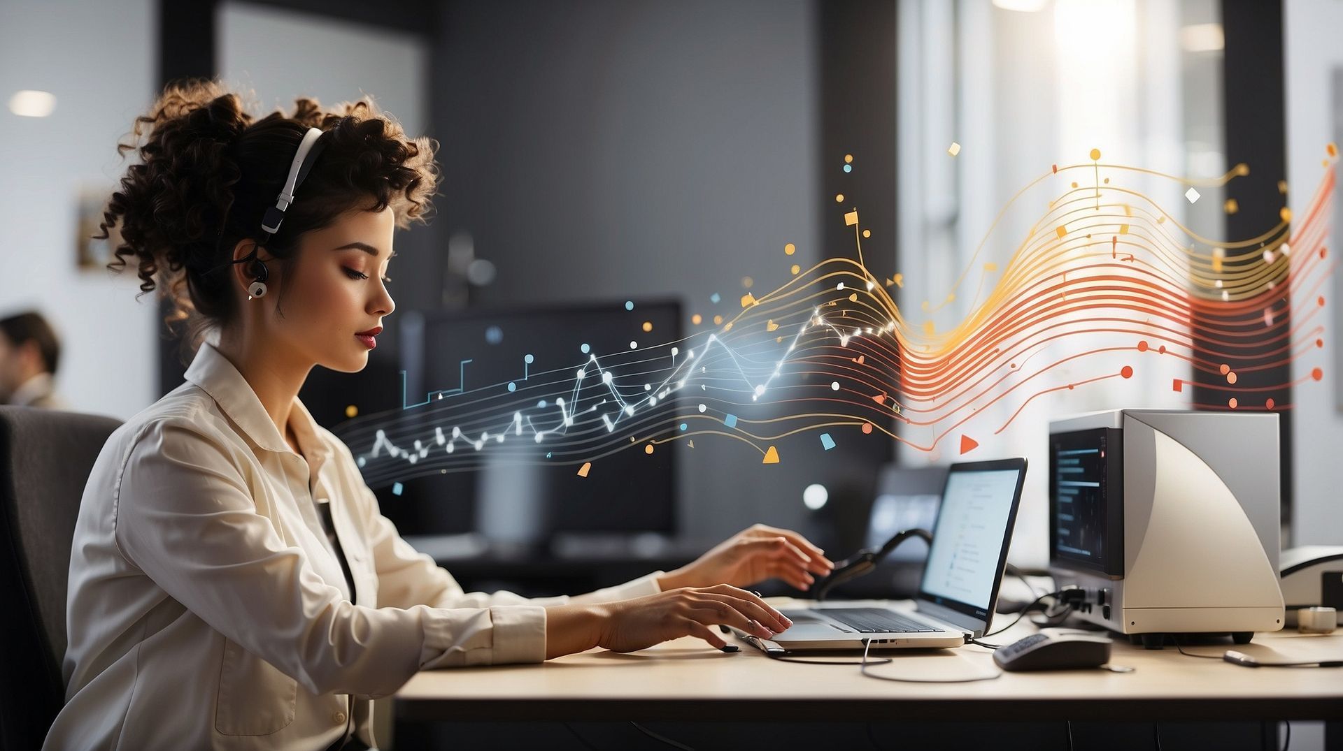 Una persona tecleando en un portátil en un escritorio con visualizaciones de datos brillantes de fondo.