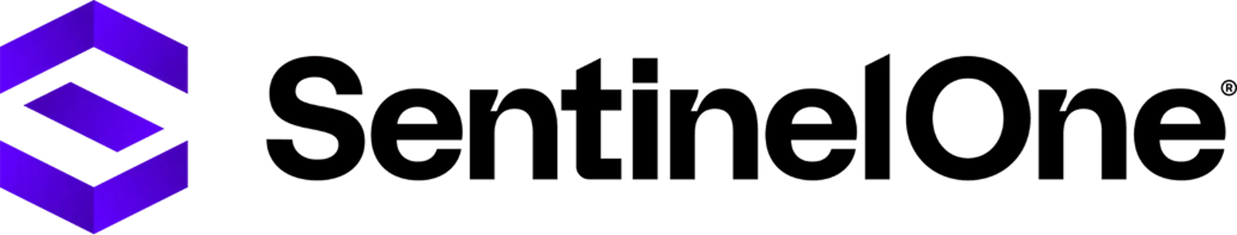 Logotipo de SentinelOne en negro y morado con un icono hexagonal sobre fondo blanco.