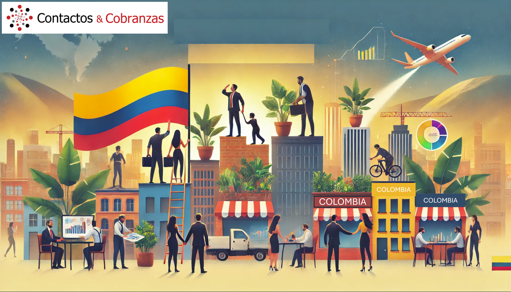 Escena estilizada de Colombia con bandera, personas, edificios de la ciudad, avión, bicicleta e imágenes de café.