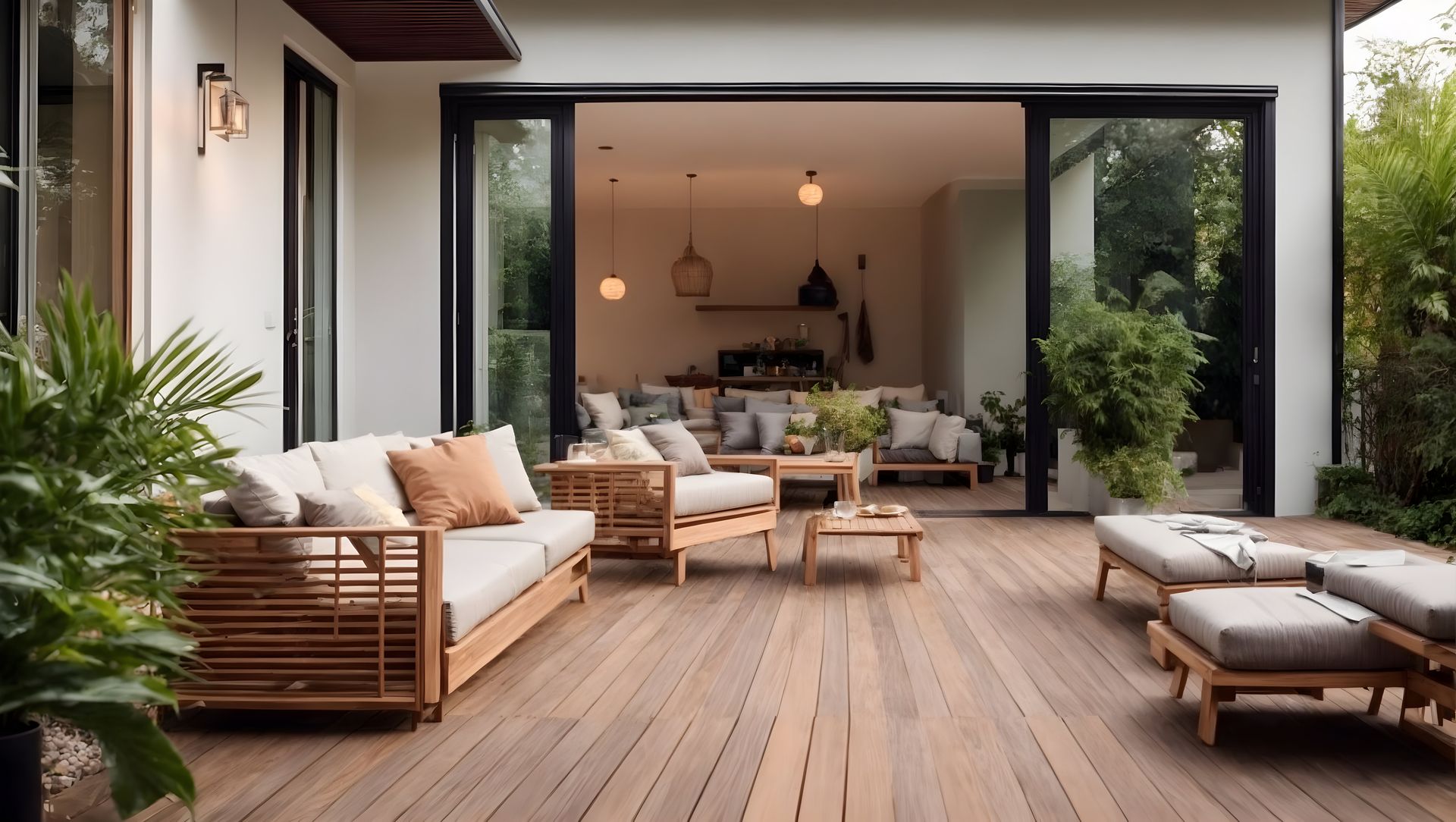 Il y a une terrasse en bois avec un canapé et des chaises dessus.