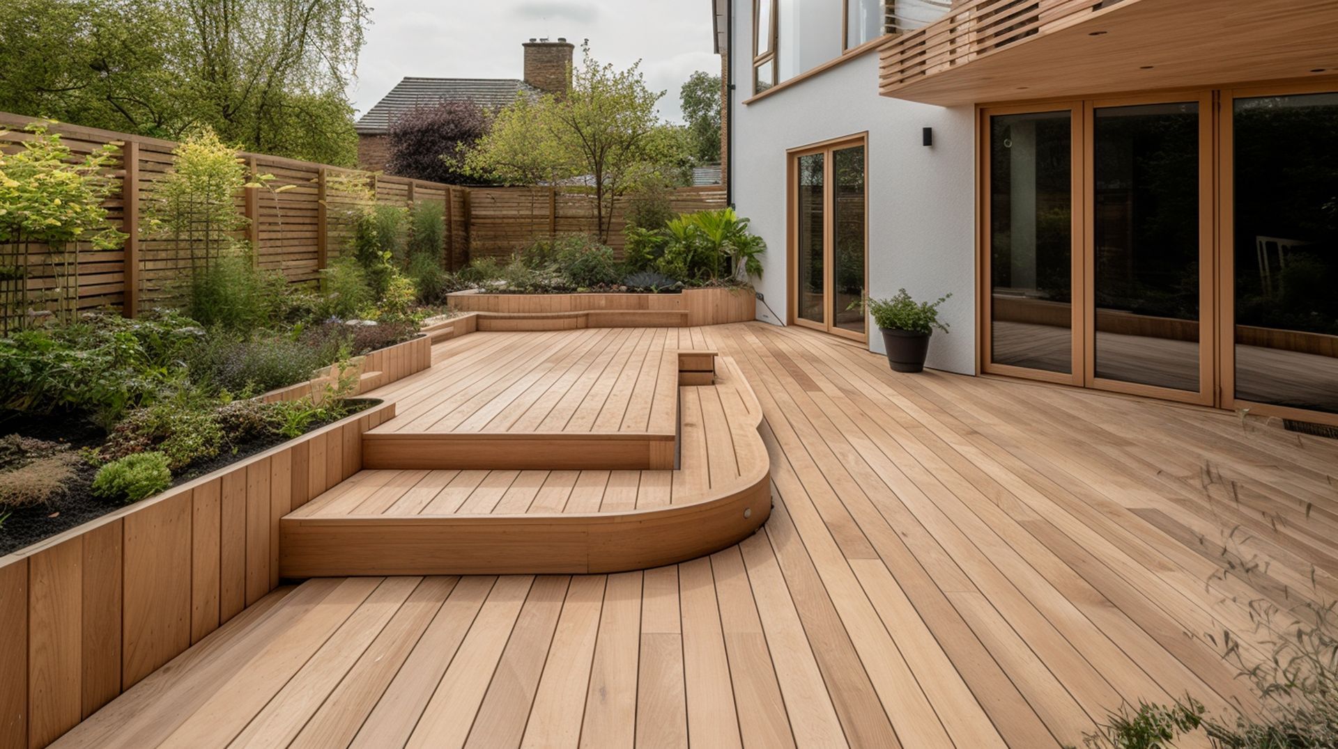 Une terrasse en bois avec des escaliers qui y mènent dans une cour arrière.