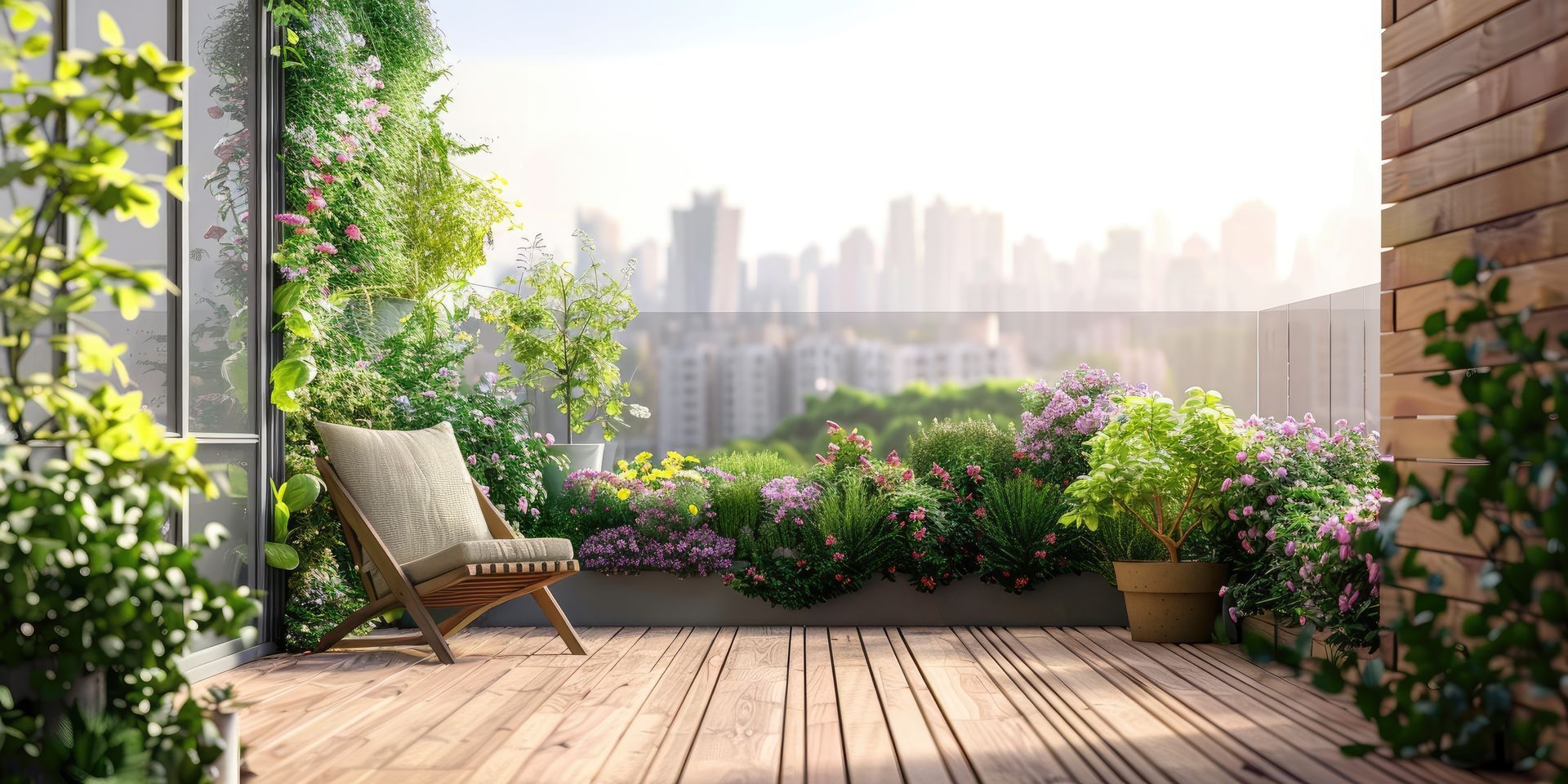 Il y a une chaise sur le balcon avec vue sur la ville.
