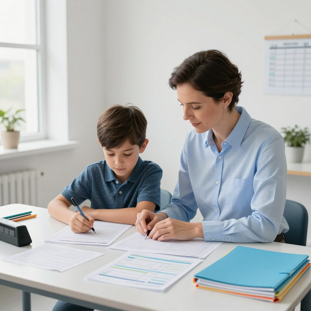 Teacher and student in a bright classroom discussing papers at a table with colorful books and worksheets