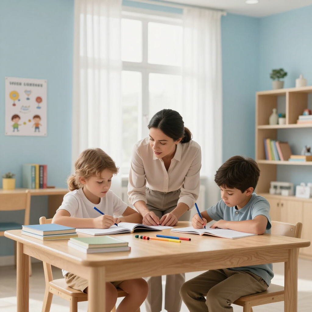 Teacher helping two children write at a table in a bright classroom