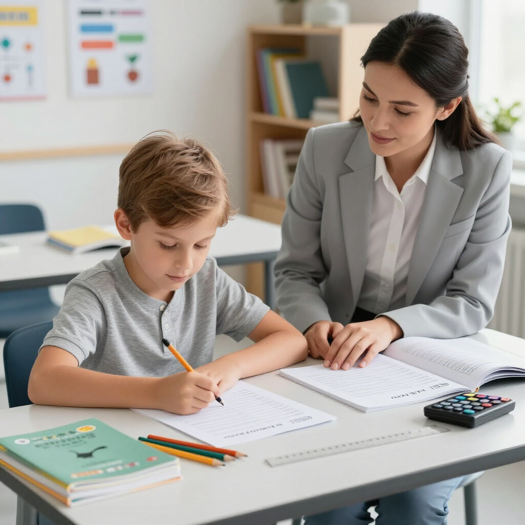Teacher helping a student at a classroom desk with worksheets, pencils, and a calculator