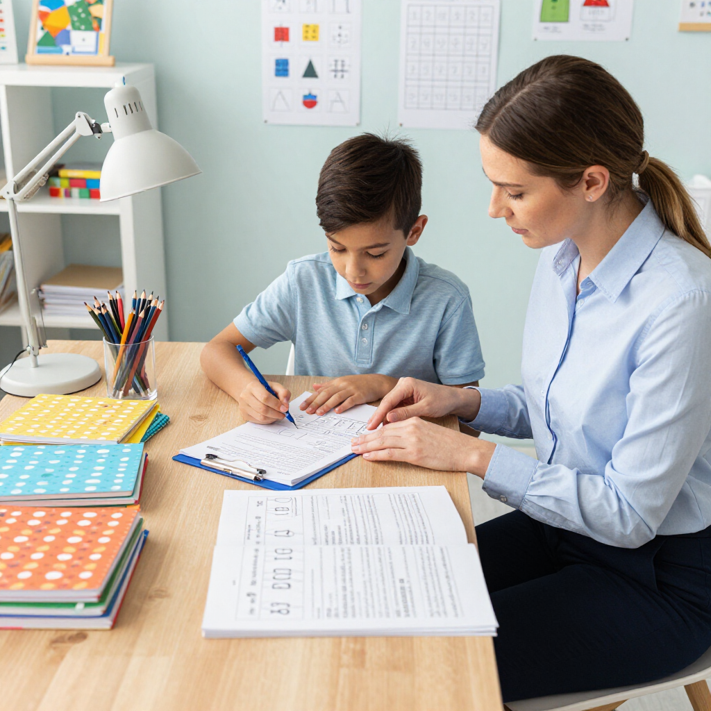 Student and teacher working together at a desk, reviewing an open workbook in a bright classroom.